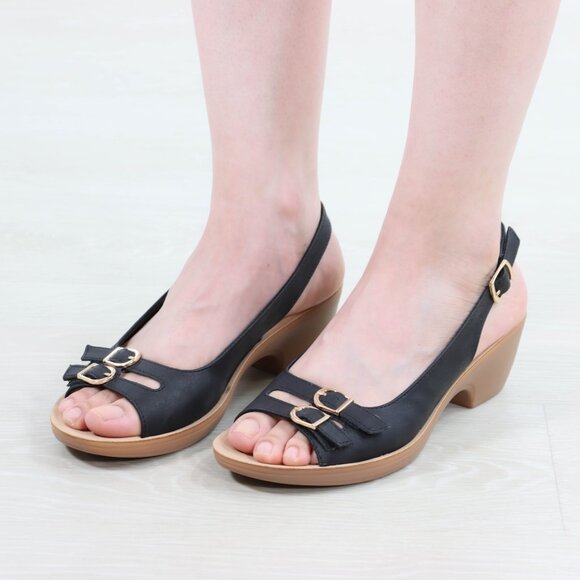 Black Slingback Wedge Sandals Women’s Open Toe Gold Buckle Comfort 2” Heel - Picture 3 of 16